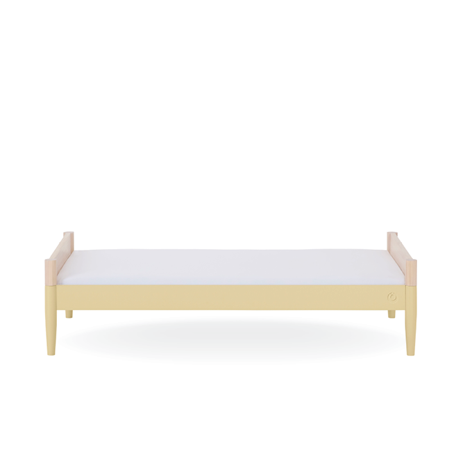 Gaia Baby Eos Cot Bed in natural ash finish with Primrose Yellow accents, showcasing a modern wooden baby cot with slatted sides.