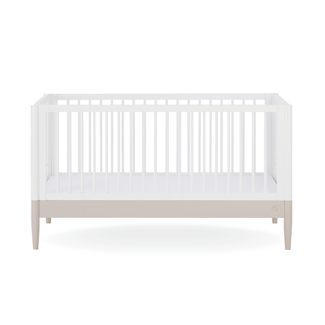 White Gaia Baby Eos Cot Bed with soft cashmere finish, featuring a sturdy frame and classic design suitable for nurseries.