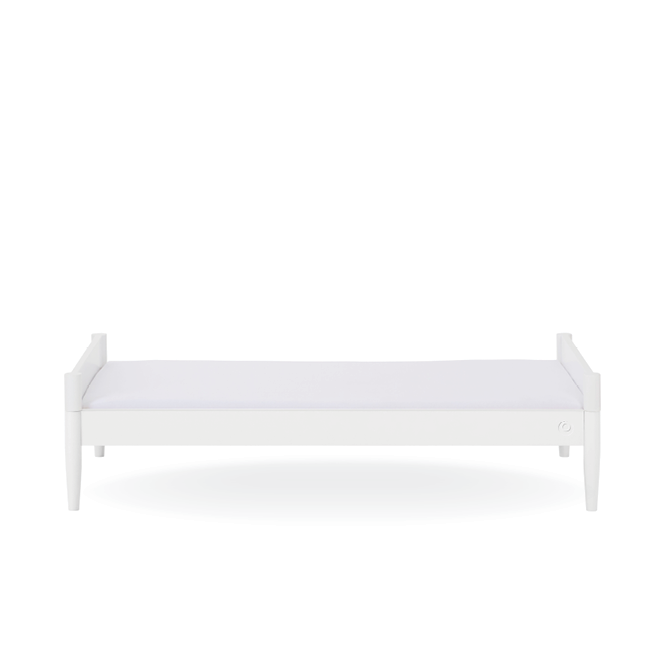 White Gaia Baby Eos cot bed with sturdy frame and slatted sides, designed for nursery use and easy conversion to a toddler bed.