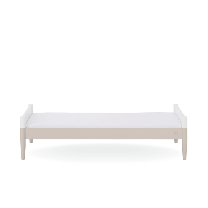 White Gaia Baby Eos Cot Bed with soft cashmere finish, showcasing the sturdy wooden frame and classic design.