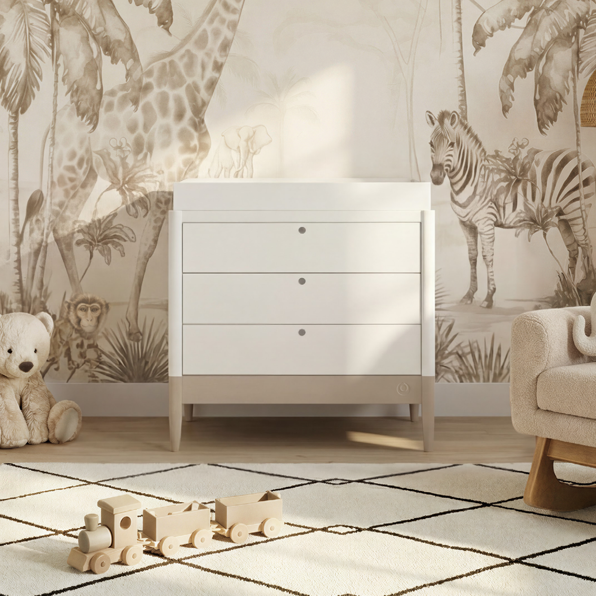 White Gaia Baby Eos Dresser with sleek cashmere finish, featuring multiple drawers and modern design for nursery storage.