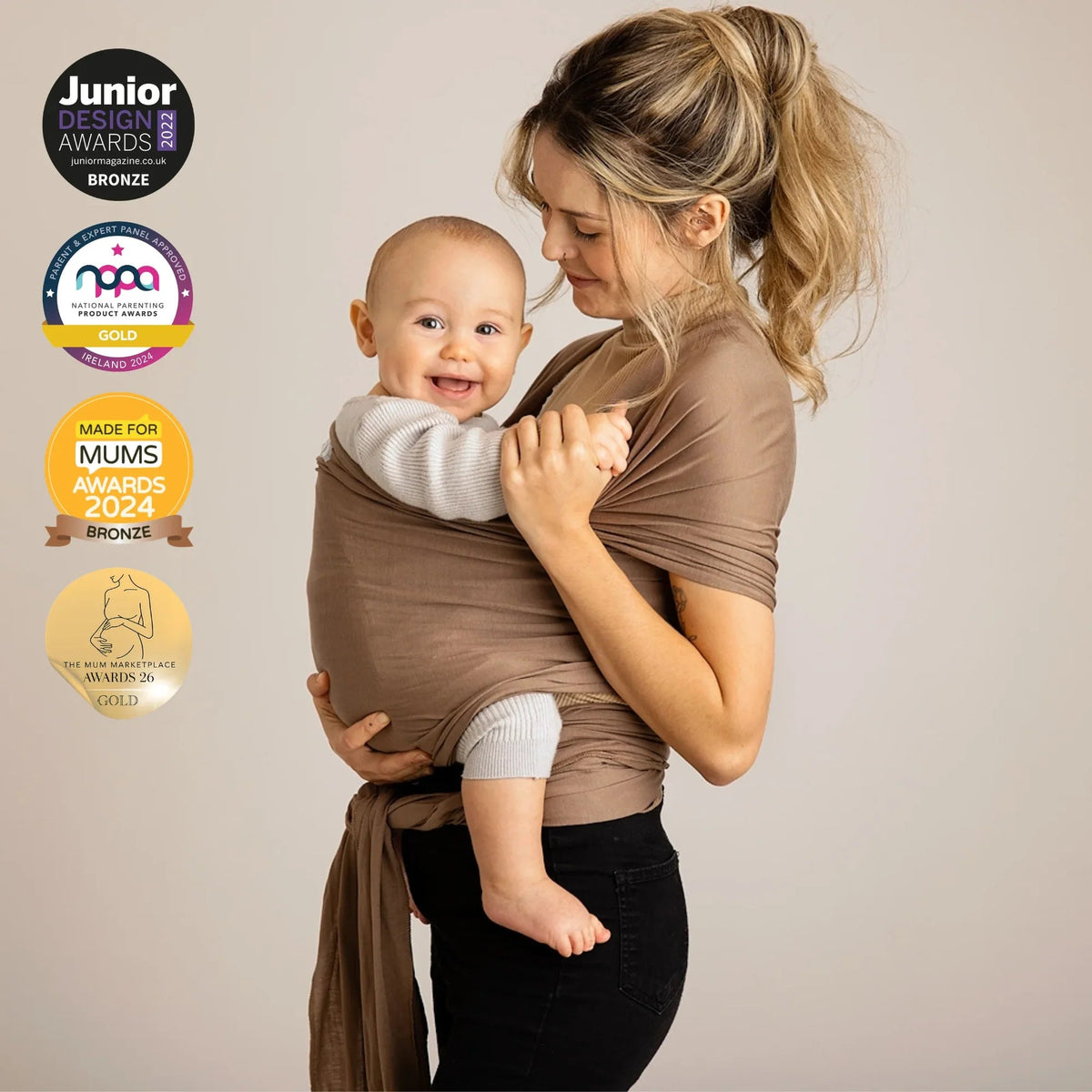 Gaia Baby stretchy baby wrap in Nutmeg, soft and flexible accessories for comfortable babywearing.