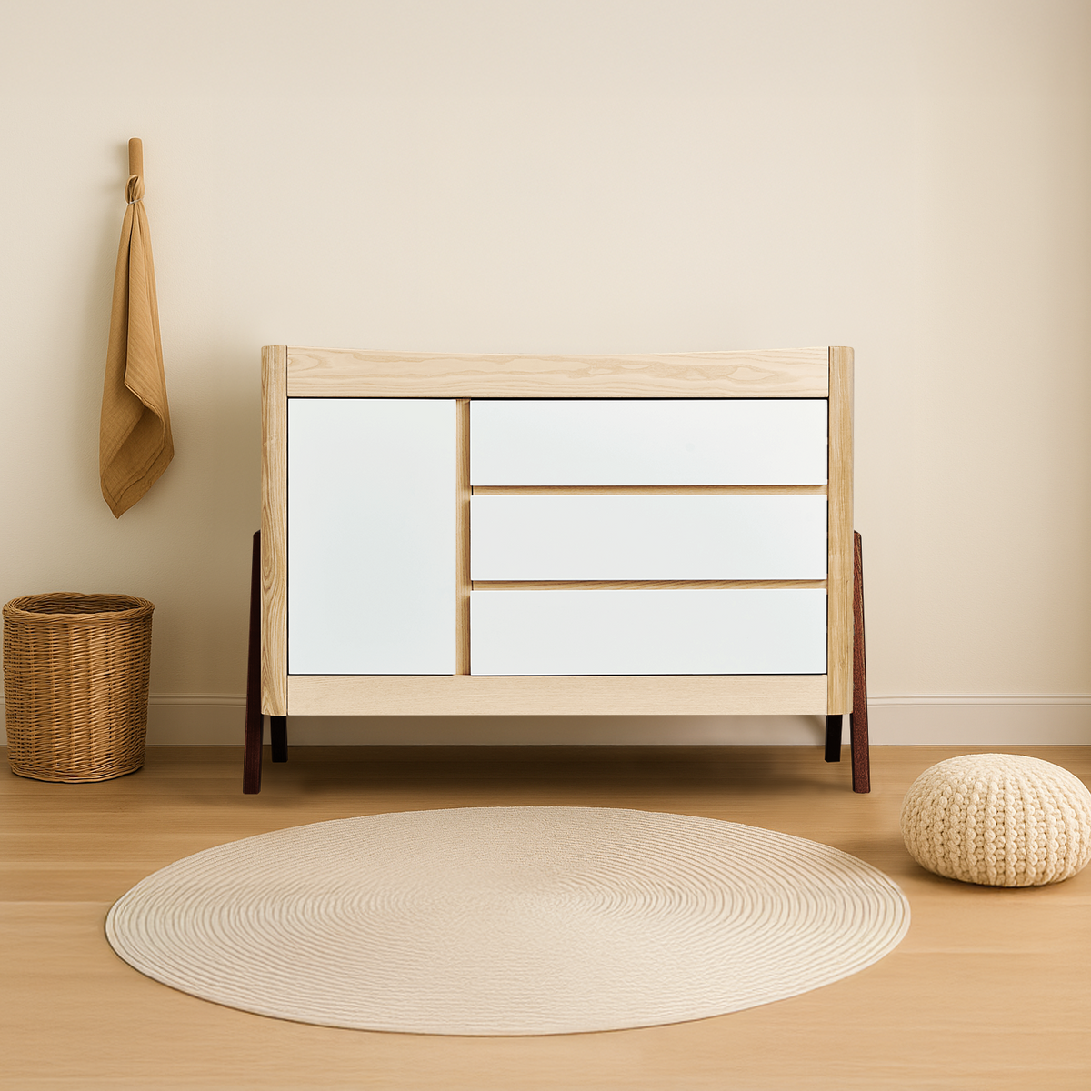 Gaia Baby Hera dresser in natural ash and walnut wood with multiple drawers for stylish storage.