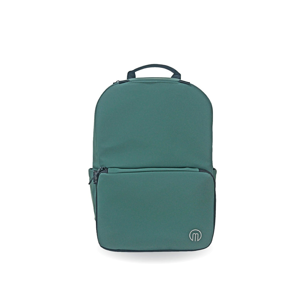 Forest green MiaMily expandable backpack showing multiple compartments and adjustable straps on a plain background.