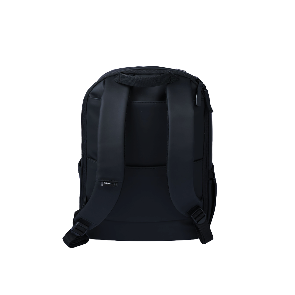 MiaMily expandable backpack in midnight black with multiple compartments and adjustable straps, designed for versatile daily use.