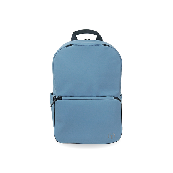 MiaMily expandable backpack in slate blue with multiple compartments and adjustable straps, designed for versatile carrying.