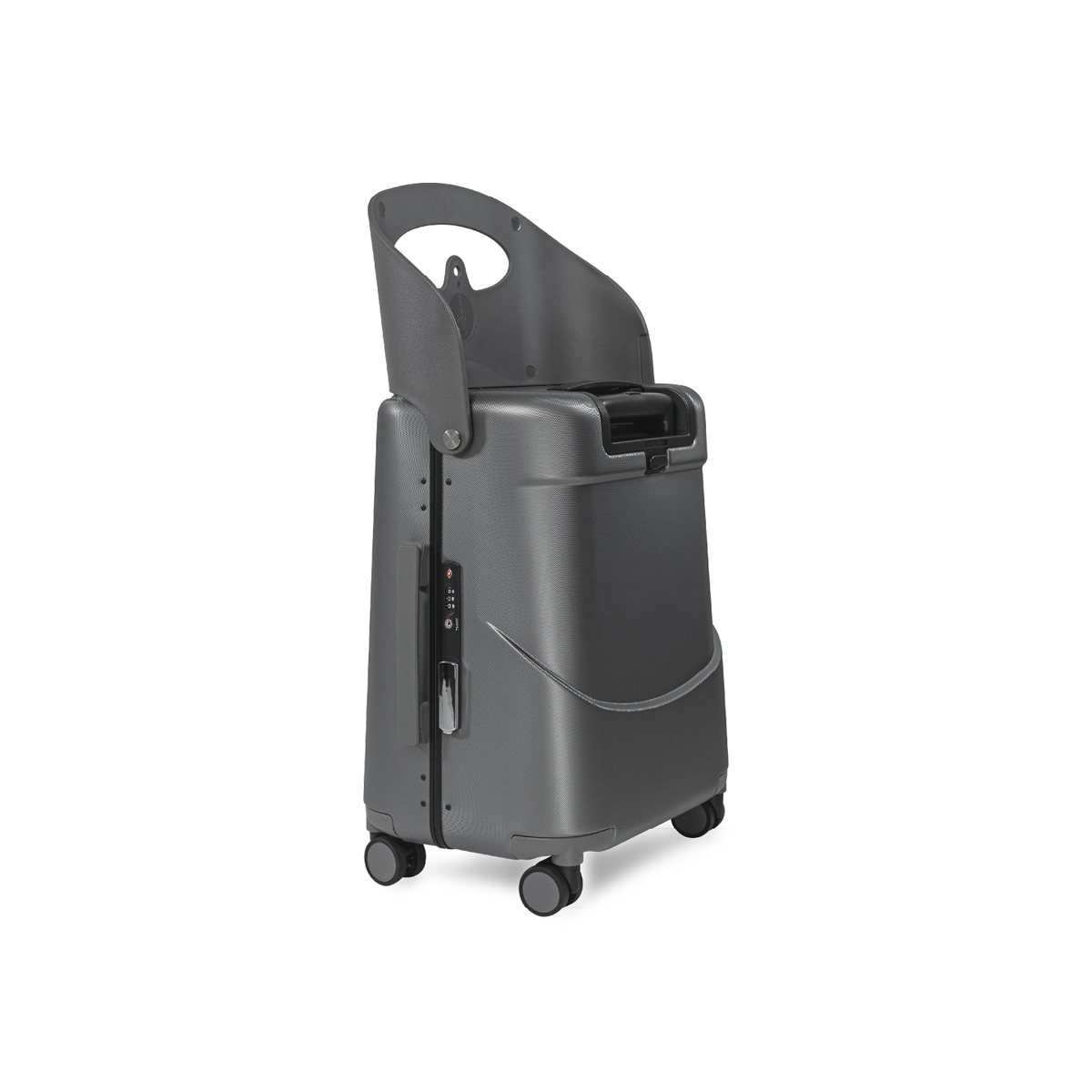 MiaMily Carry On suitcase in charcoal grey with retractable handle and four spinner wheels, lightweight travel luggage.