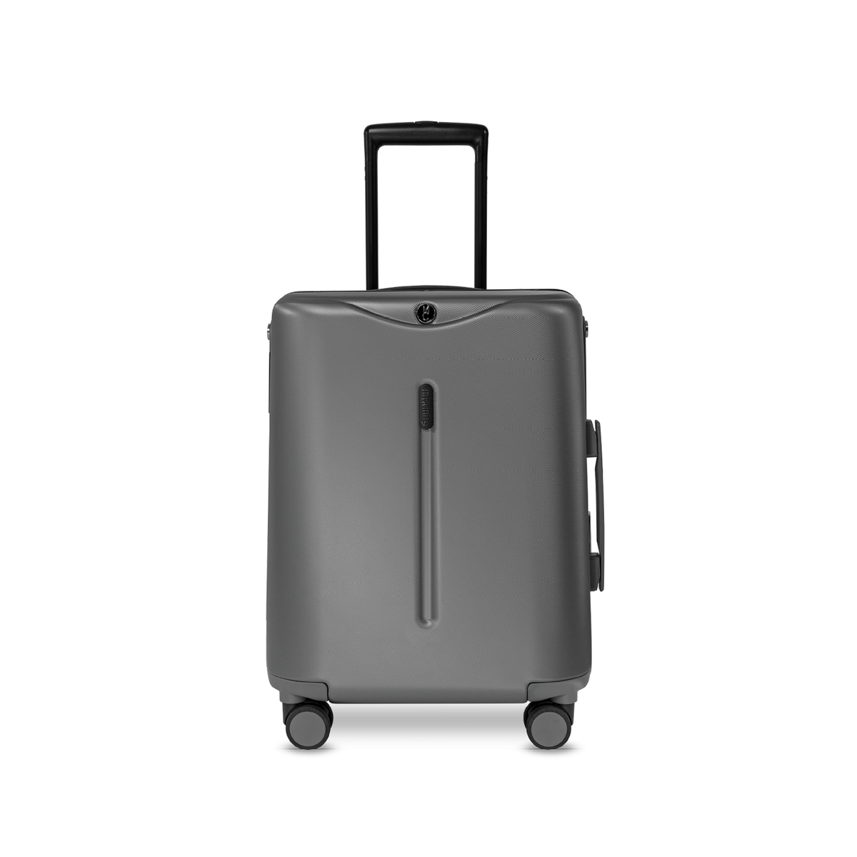 MiaMily Carry On suitcase in charcoal grey with four spinner wheels and a telescoping handle for easy travel.