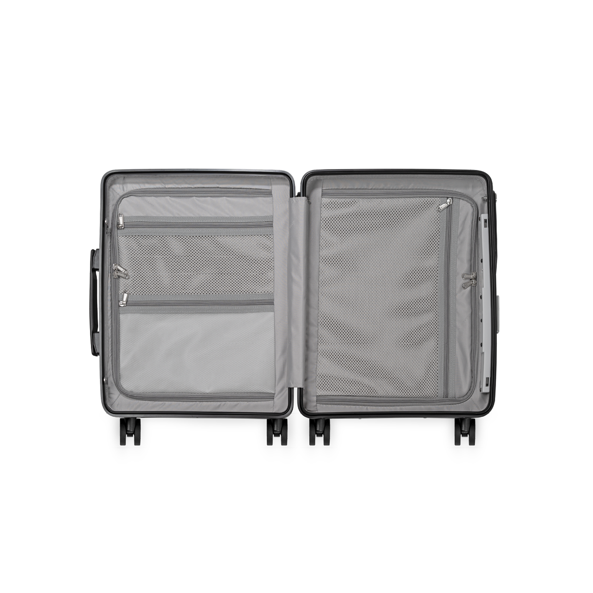 Charcoal grey MiaMily carry-on suitcase with textured surface and four spinner wheels for easy travel.