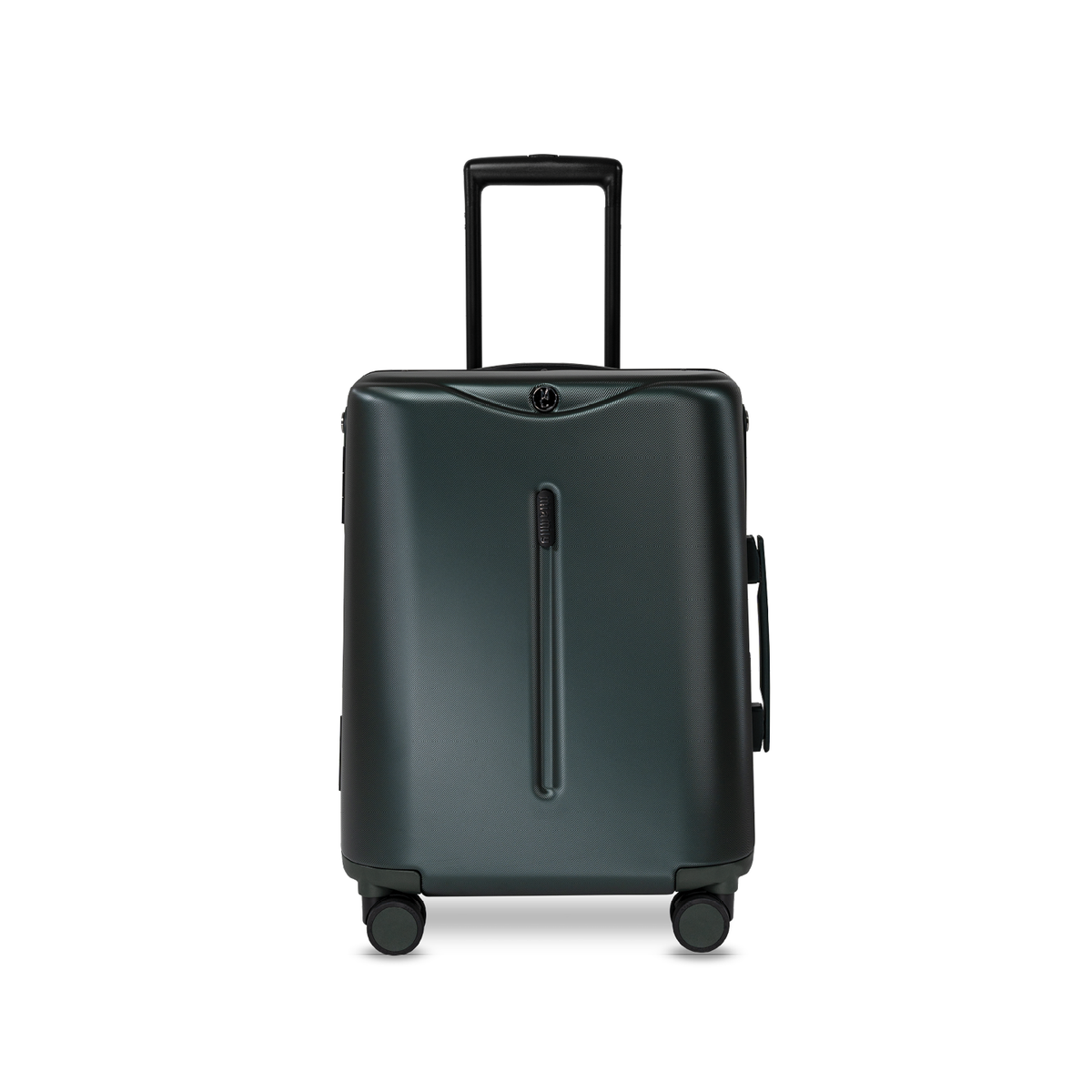 Forest green MiaMily Carry On suitcase with hard shell, four wheels, and telescoping handle for easy travel.