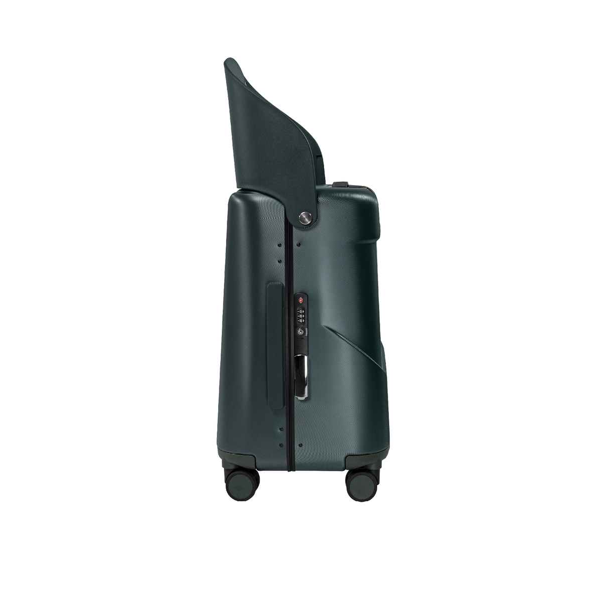 Forest green MiaMily Carry On suitcase with hard shell exterior and four spinner wheels, ready for travel.