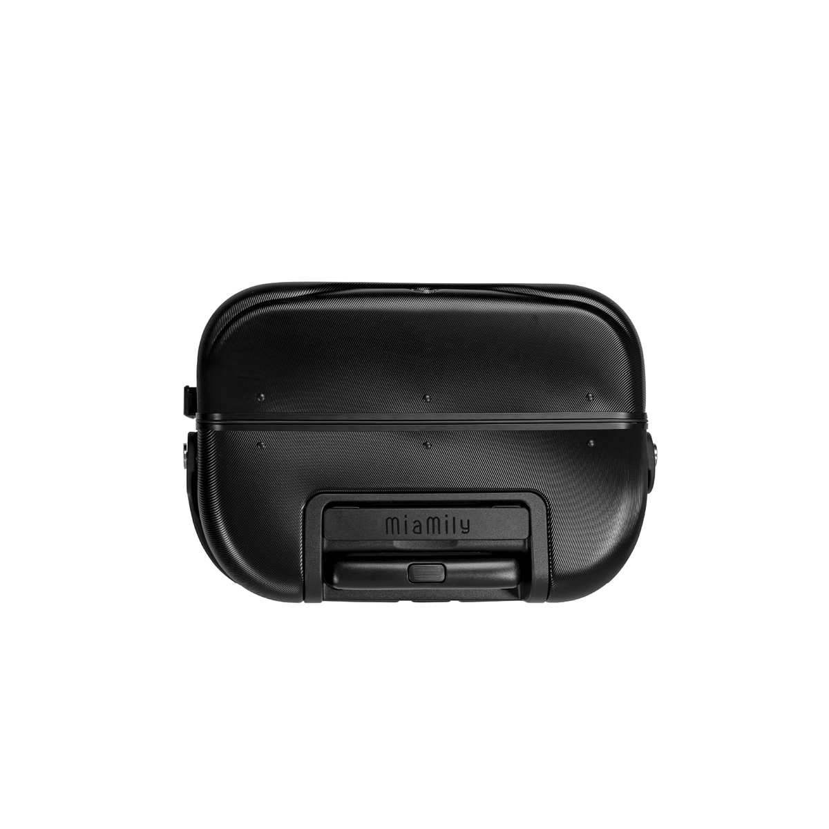 Midnight black MiaMily Carry On suitcase with four wheels, sleek design, and sturdy handle for easy travel.