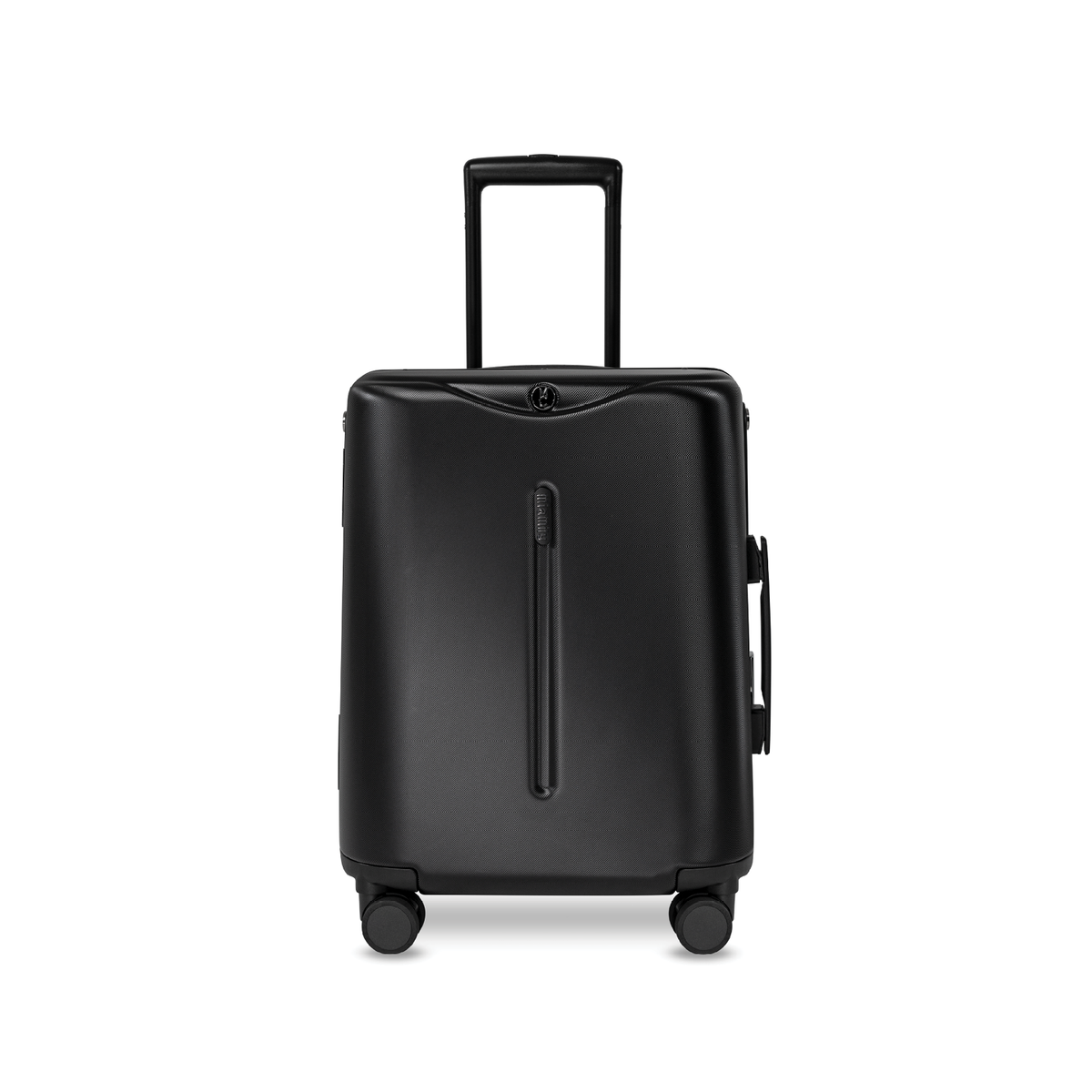 MiaMily Carry On suitcase in midnight black with smooth surface, compact design, and sturdy handle for easy travel.