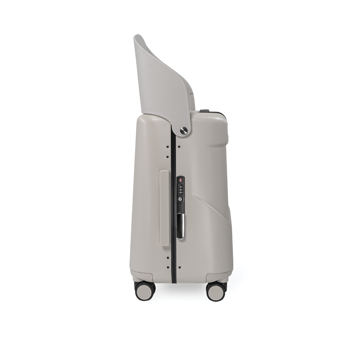 MiaMily Carry On suitcase in Mist Grey with smooth surface and retractable handle, ideal for travel and compact storage.
