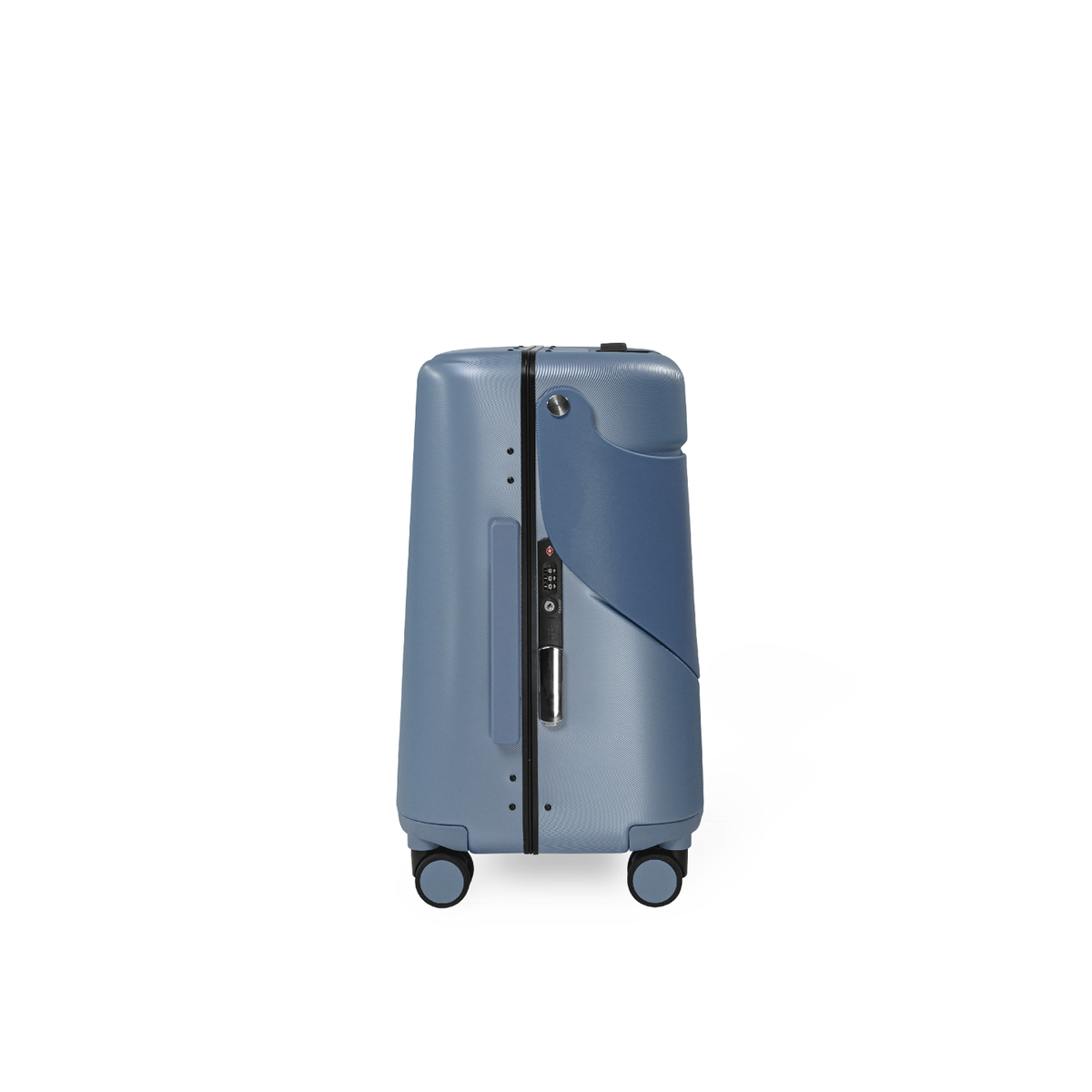 Slate blue MiaMily Carry On suitcase with hard shell exterior, four wheels, and a retractable handle for travel convenience.