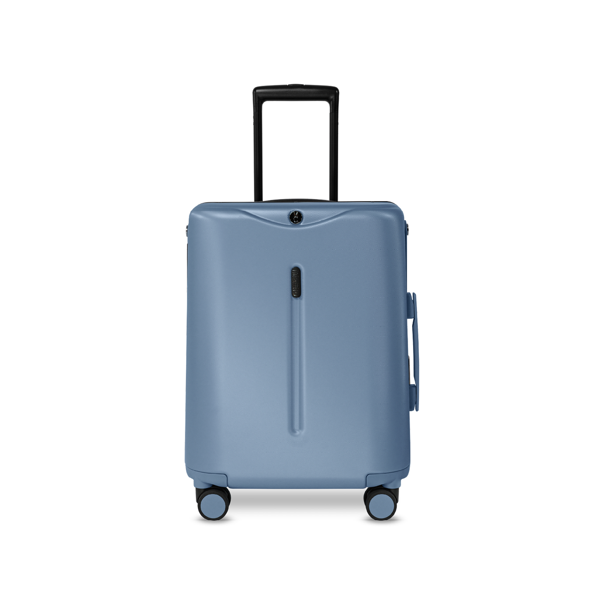 Slate blue MiaMily Carry On suitcase with smooth surface and wheels, lightweight design, and retractable handle for travel.