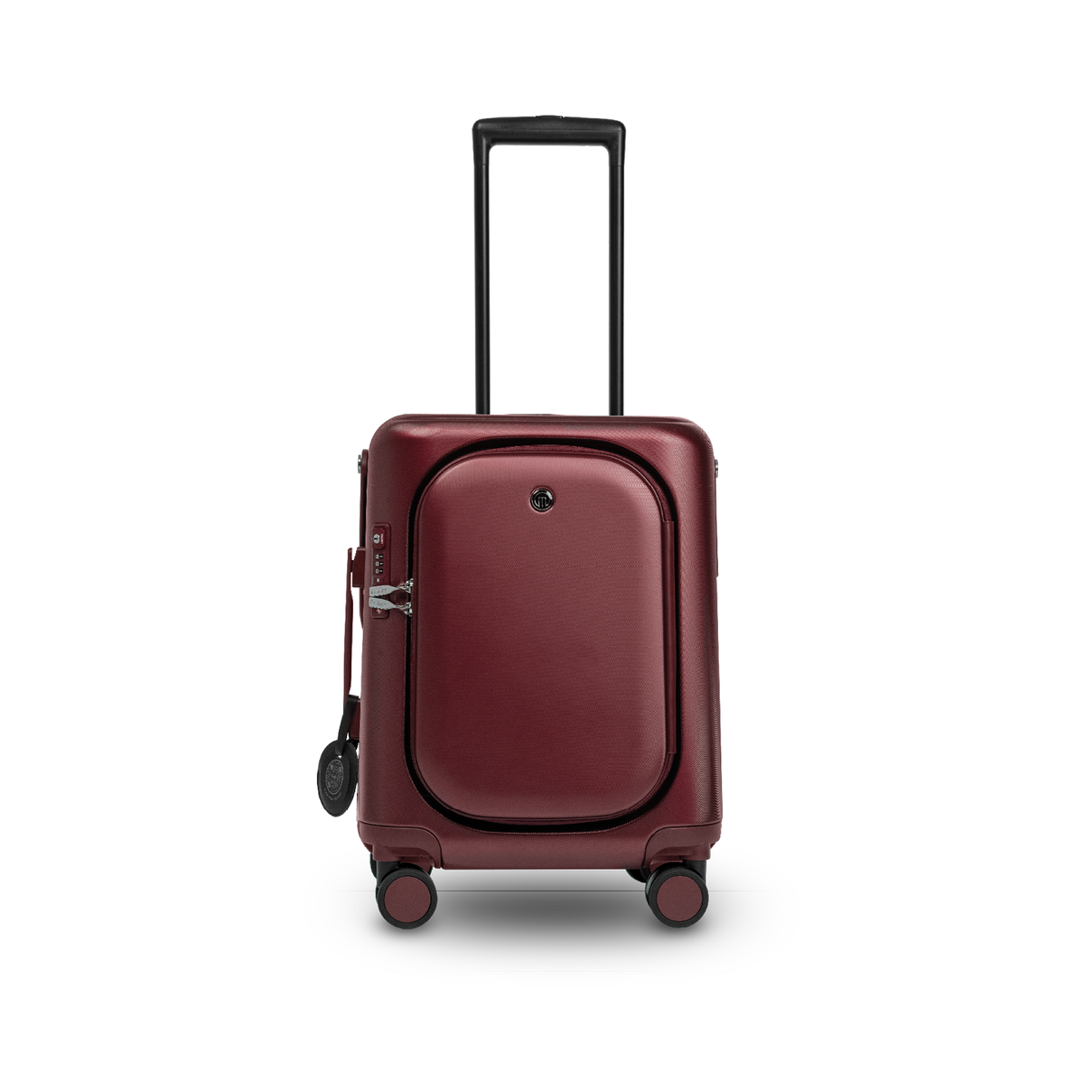 MiaMily Carry On Plus suitcase in burgundy red with durable wheels and telescoping handle for easy travel.