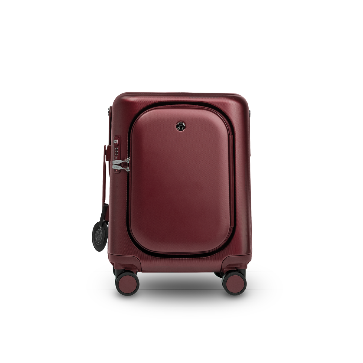 Burgundy red MiaMily Carry On Plus suitcase with four spinner wheels and extended handle for easy travel.