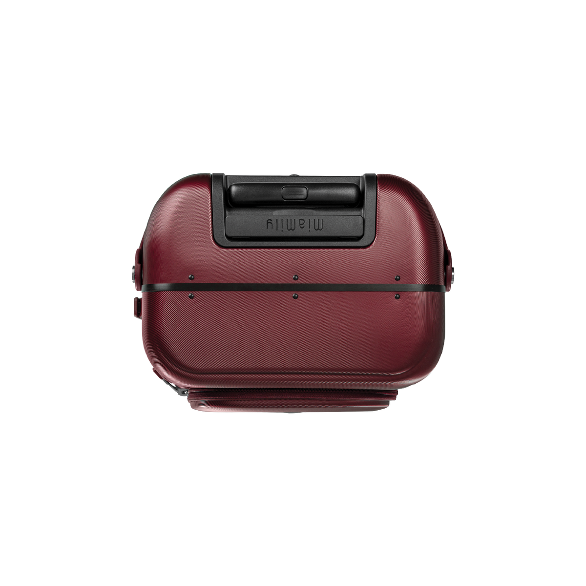Burgundy red MiaMily Carry On Plus suitcase with hard shell exterior, extendable handle, and four spinner wheels for easy travel.