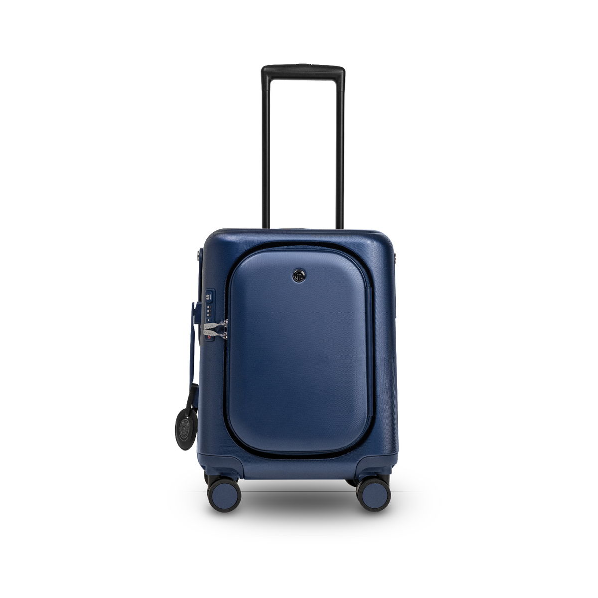 Navy blue MiaMily Carry On Plus suitcase with four spinner wheels and telescoping handle for easy travel.