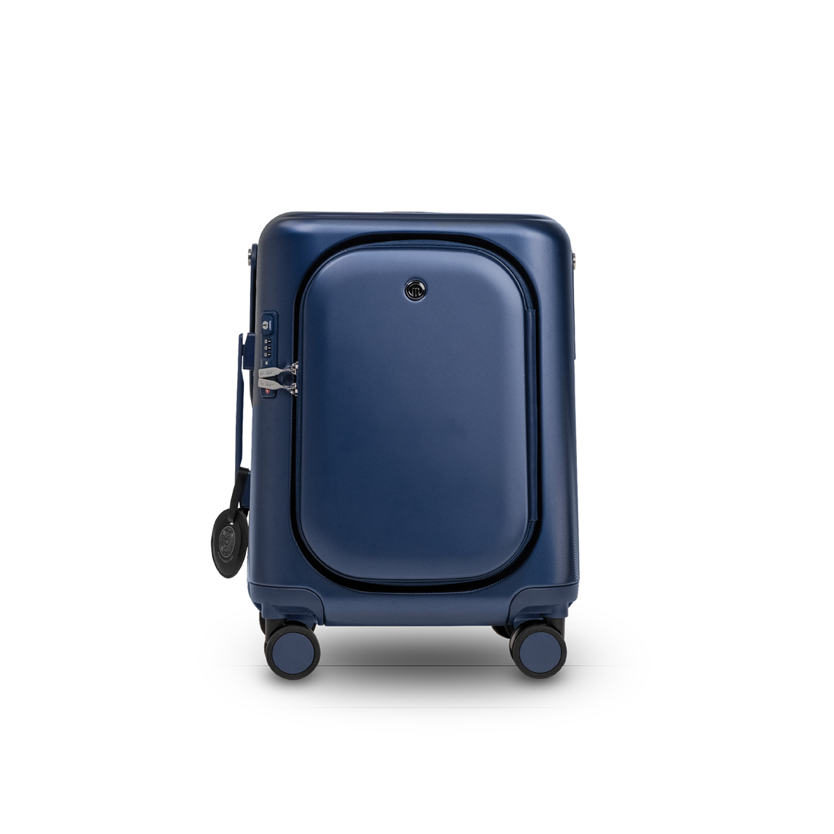 Navy blue MiaMily Carry On Plus suitcase with four wheels, telescoping handle, and durable hard shell for travel.