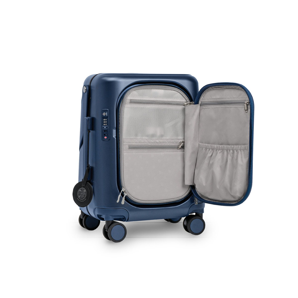 Navy blue MiaMily Carry On Plus suitcase with four wheels and telescoping handle, lightweight travel luggage with hard shell exterior.