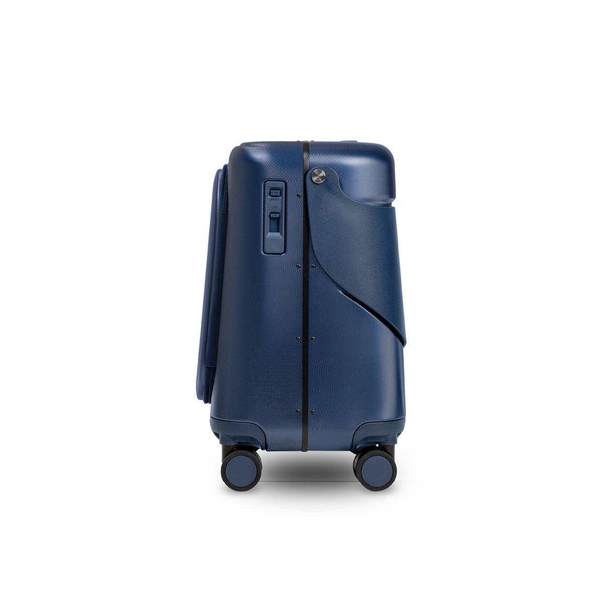 Navy blue MiaMily Carry On Plus suitcase with four wheels and telescopic handle, suitable for travel and lightweight luggage.