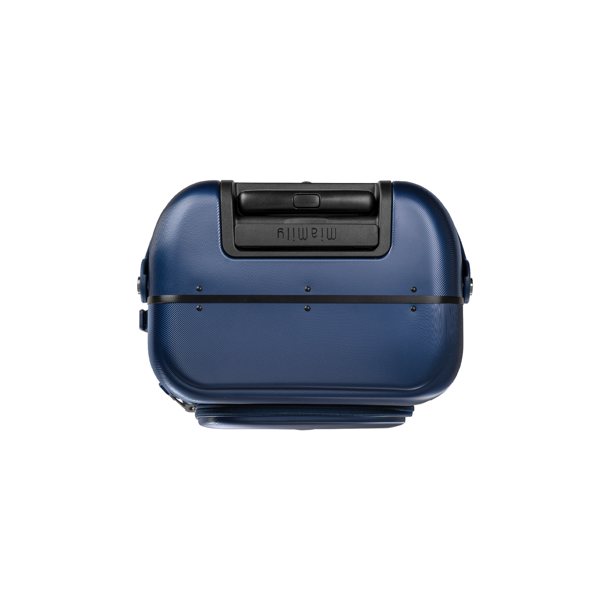 Navy blue MiaMily Carry On Plus suitcase with four wheels, telescopic handle, and durable hard shell for travel.