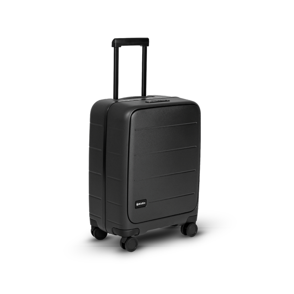 Black MiaMily Carry On Pro suitcase with four wheels and telescopic handle, showing a sleek, durable travel luggage design.