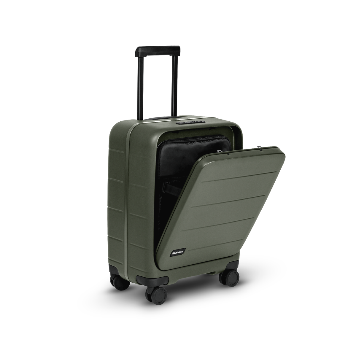 Olive MiaMily Carry On Pro suitcase with hard shell exterior and retractable handle, placed on a wooden floor.