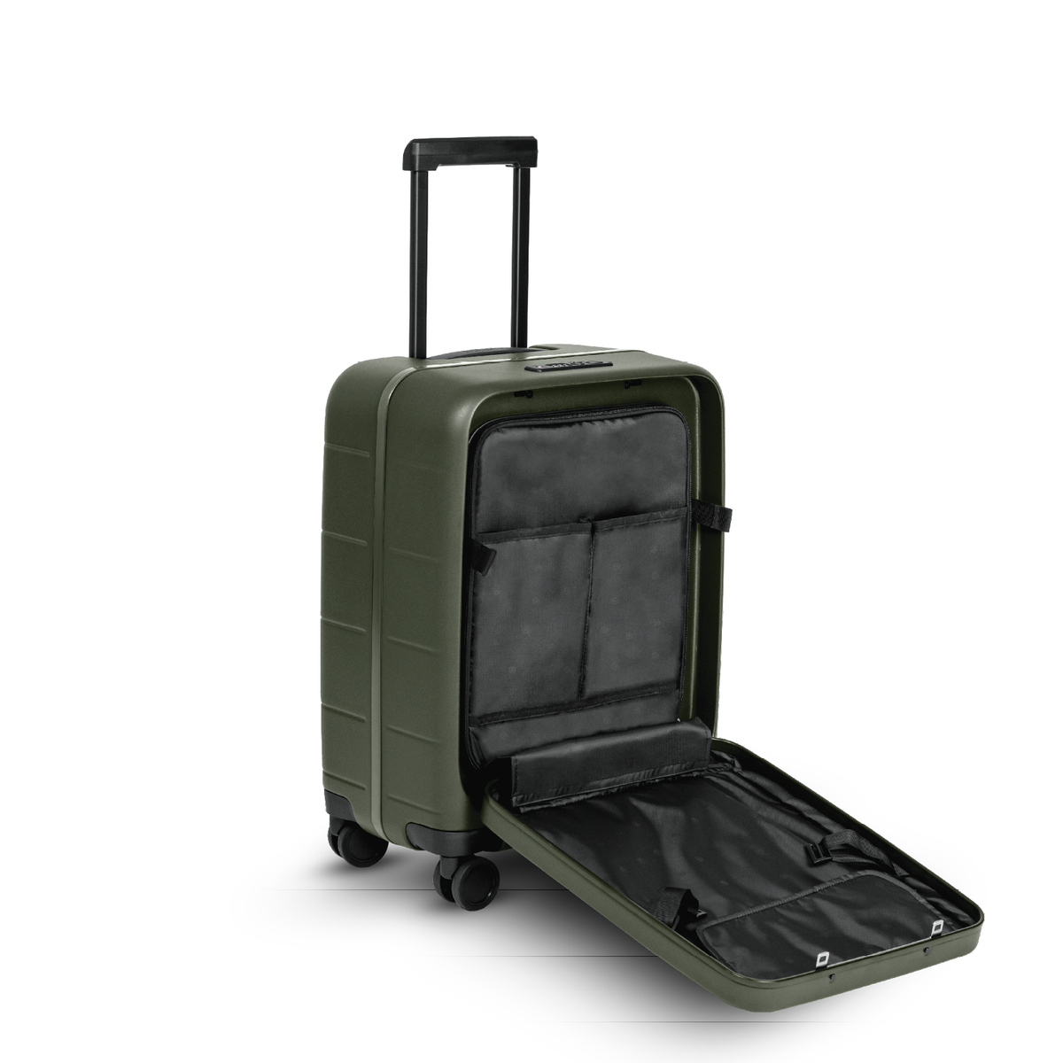 Olive green MiaMily Carry On Pro suitcase with hard shell exterior and four spinner wheels, designed for travel convenience.