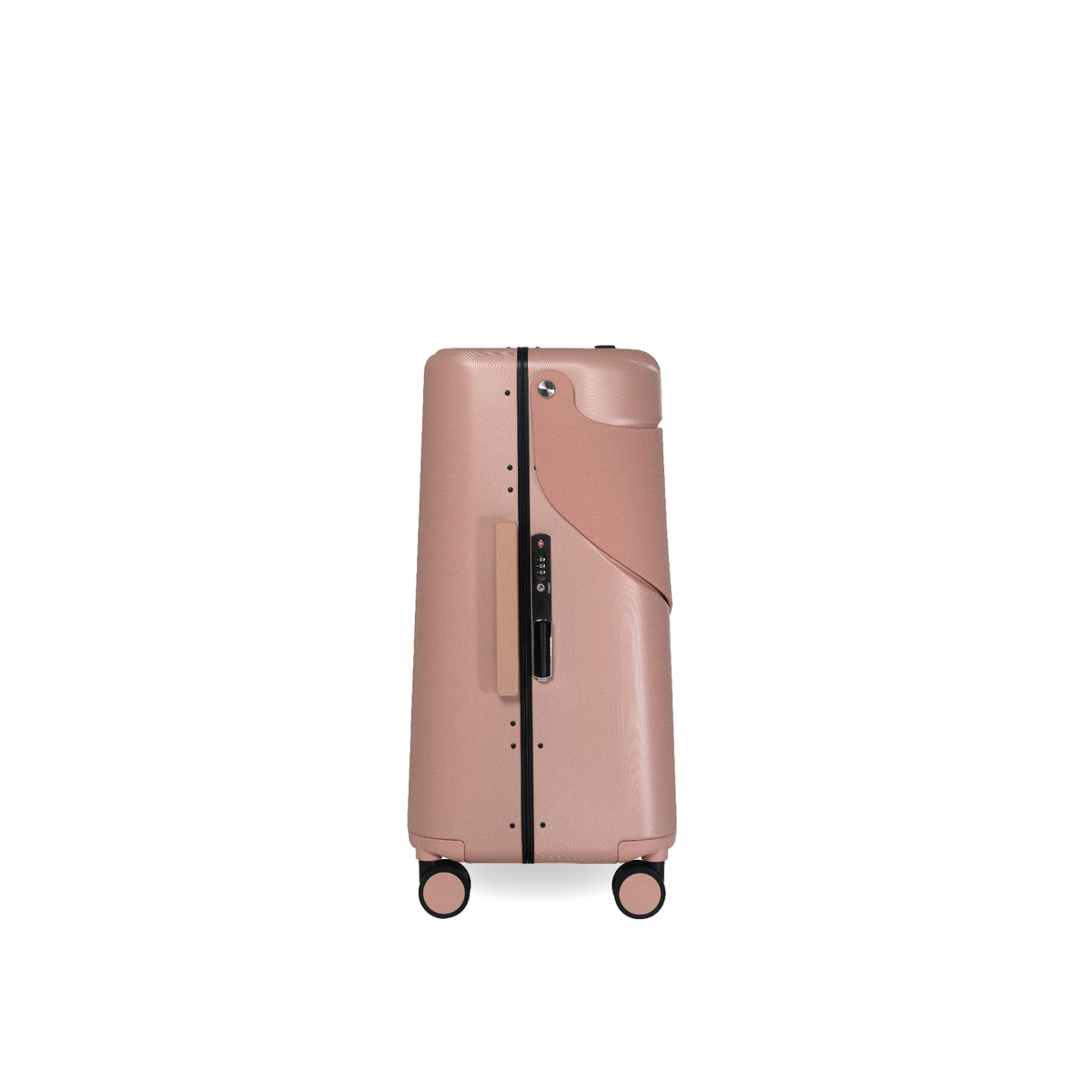MiaMily Check In suitcase in dusty pink with four wheels, telescopic handle, and hard-shell exterior for travel durability.