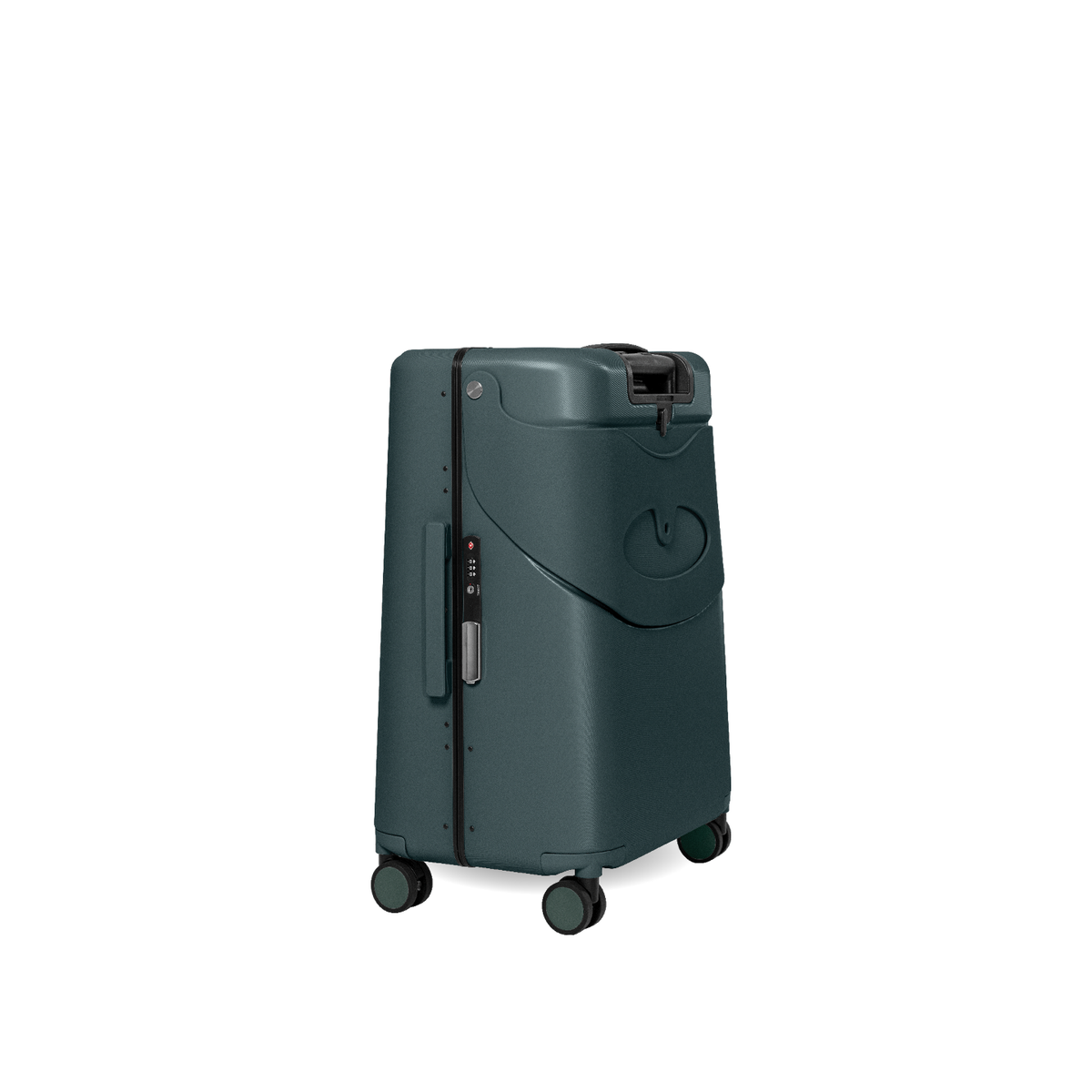 Forest green MiaMily Check In suitcase with hard shell exterior and four spinner wheels, designed for durable travel.