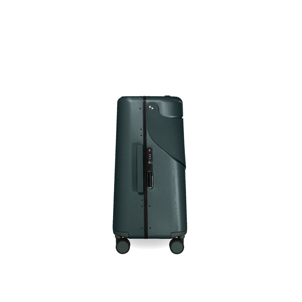 Forest green MiaMily Check In suitcase with hard shell design, four wheels, and retractable handle, suitable for travel.