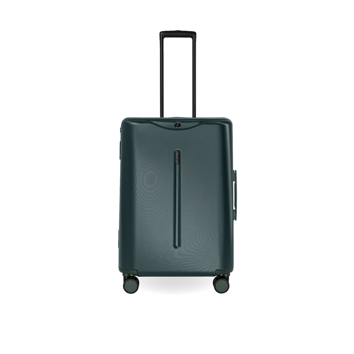 Forest green MiaMily Check In suitcase with hard shell exterior and four spinner wheels, designed for durable travel.