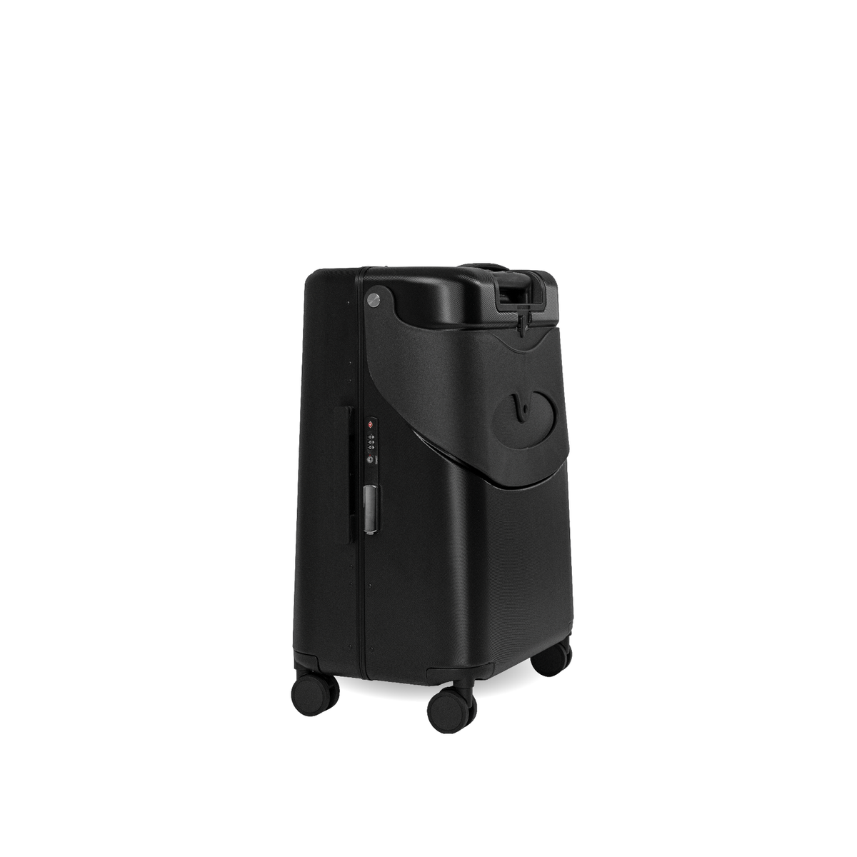 Black MiaMily Check In suitcase with hard shell exterior and four spinner wheels, designed for durable travel.
