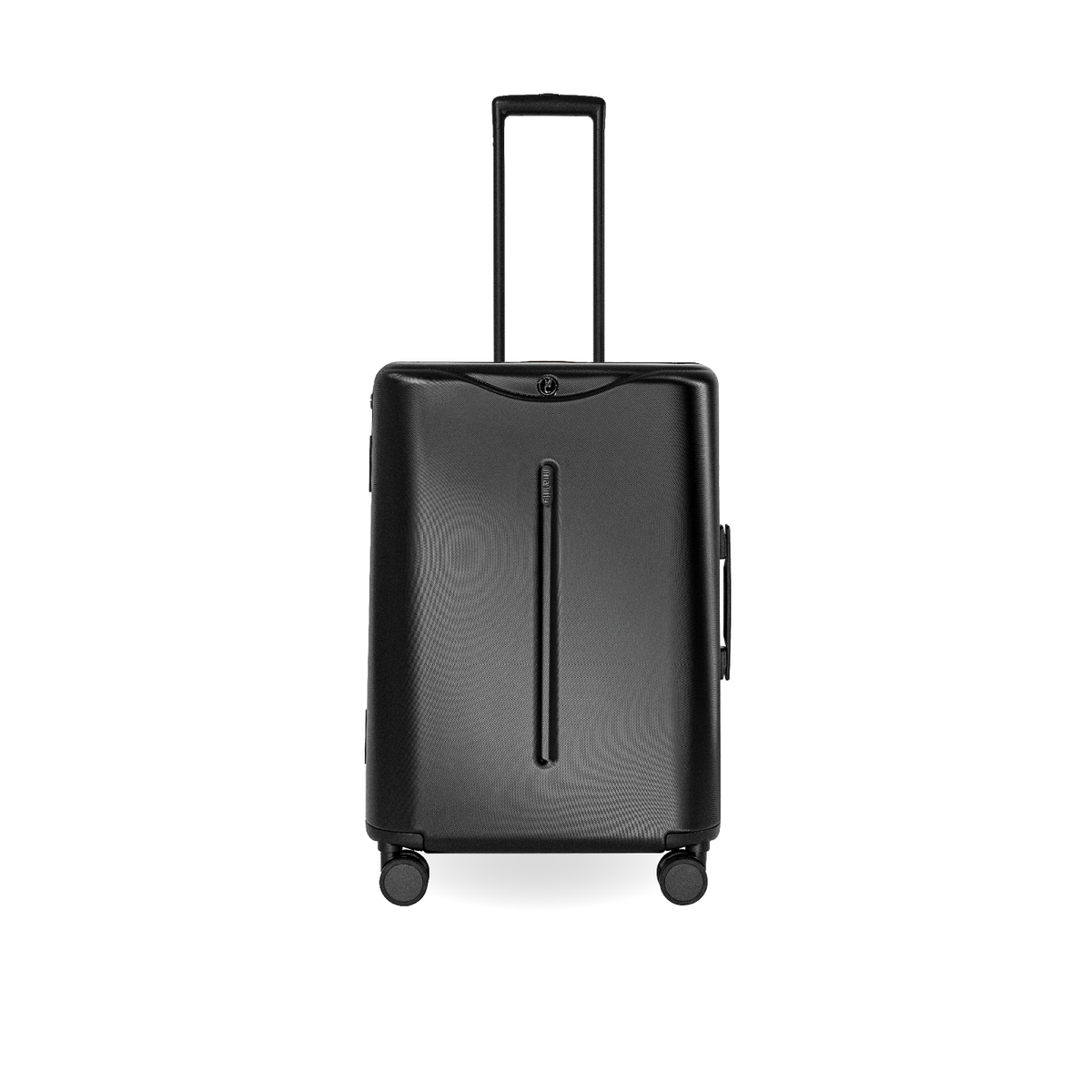MiaMily Check In suitcase in sleek midnight black with four spinner wheels and a sturdy telescopic handle, open to show interior compartments.