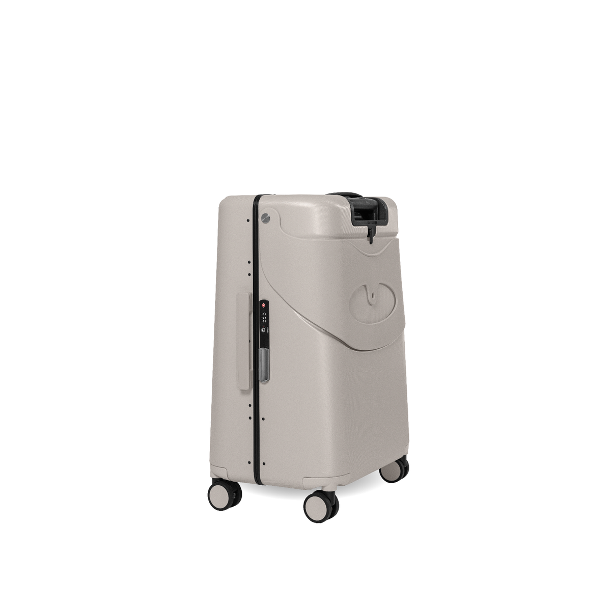 MiaMily Check In suitcase in Mist Grey with hard shell and four spinner wheels, standing upright for travel.
