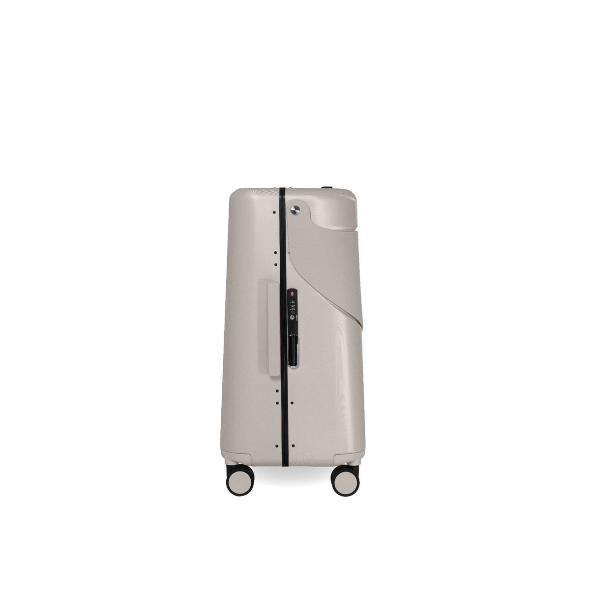 MiaMily Check In suitcase in Mist Grey with hard shell exterior and four spinner wheels for easy travel.