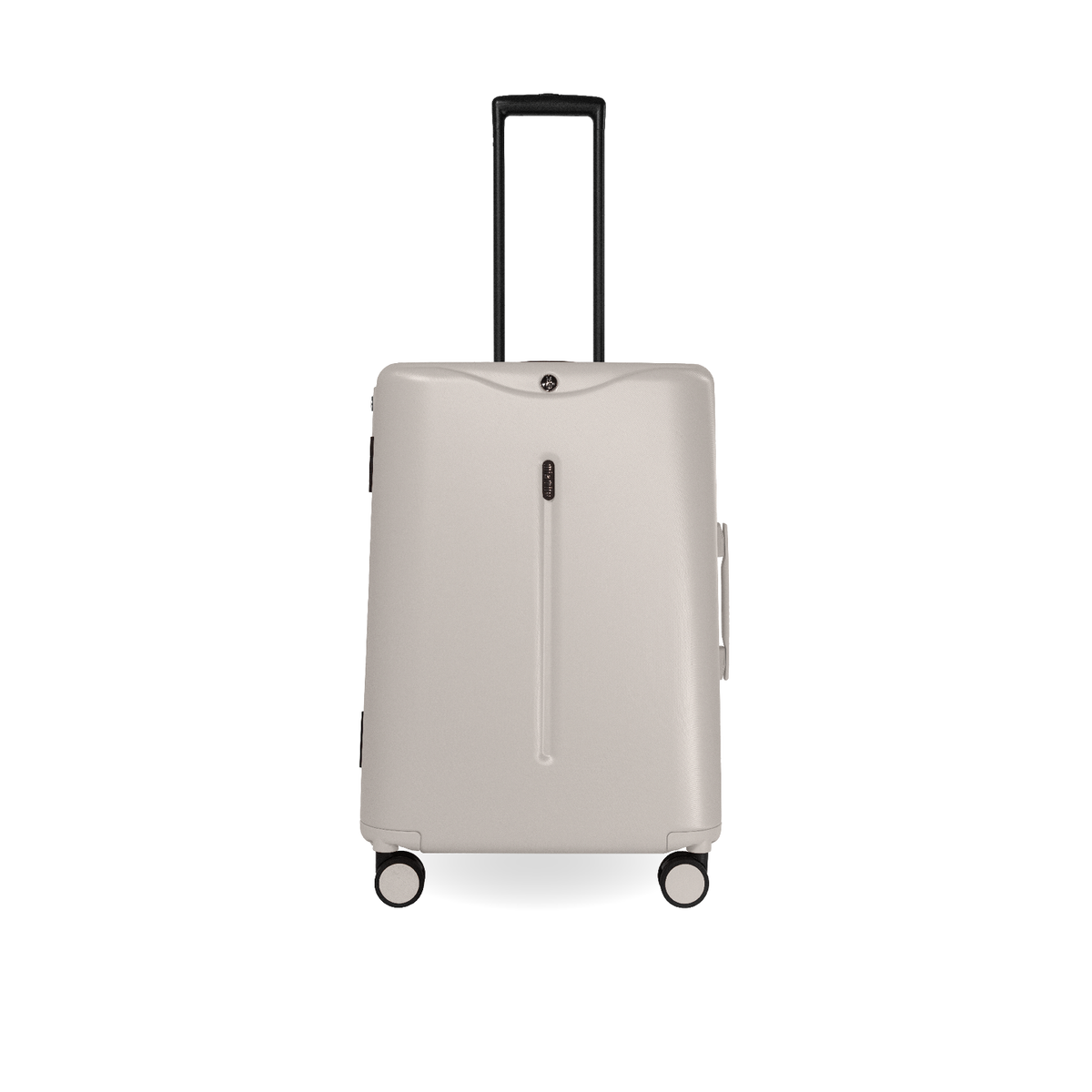 MiaMily Check In suitcase in Mist Grey with hard shell exterior, four spinner wheels, and extendable handle for easy travel.