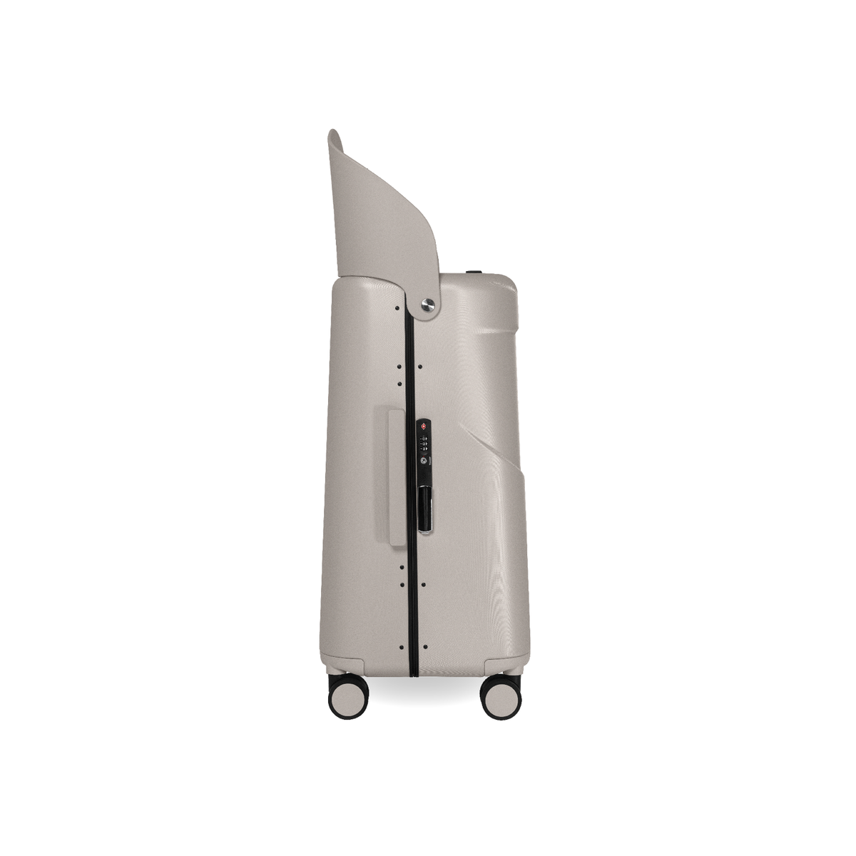 MiaMily Check In suitcase in Mist Grey with hard shell exterior, four wheels, and telescopic handle for travel.
