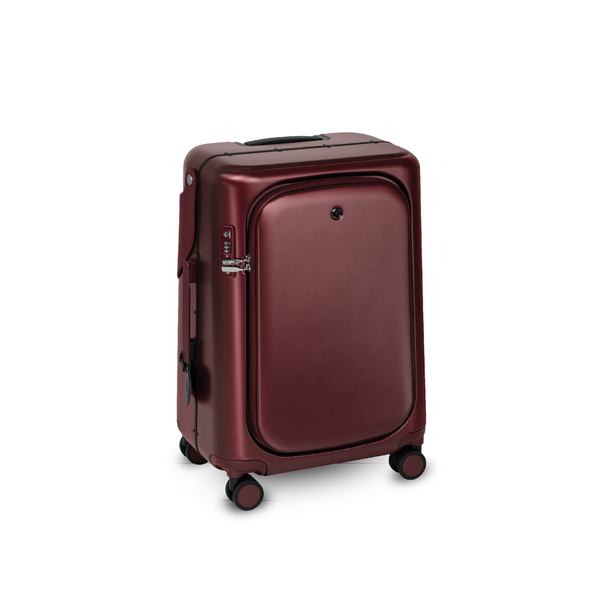 Burgundy red MiaMily Check In Plus suitcase with hard shell exterior, four spinner wheels, and extendable handle for travel.