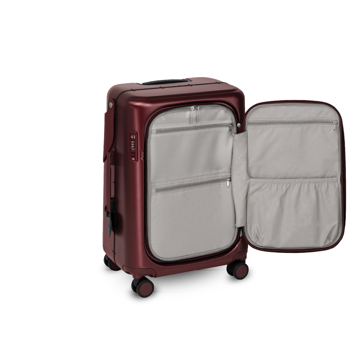 Burgundy red MiaMily Check In Plus suitcase with hard shell exterior and four spinner wheels, open view showing interior compartments.