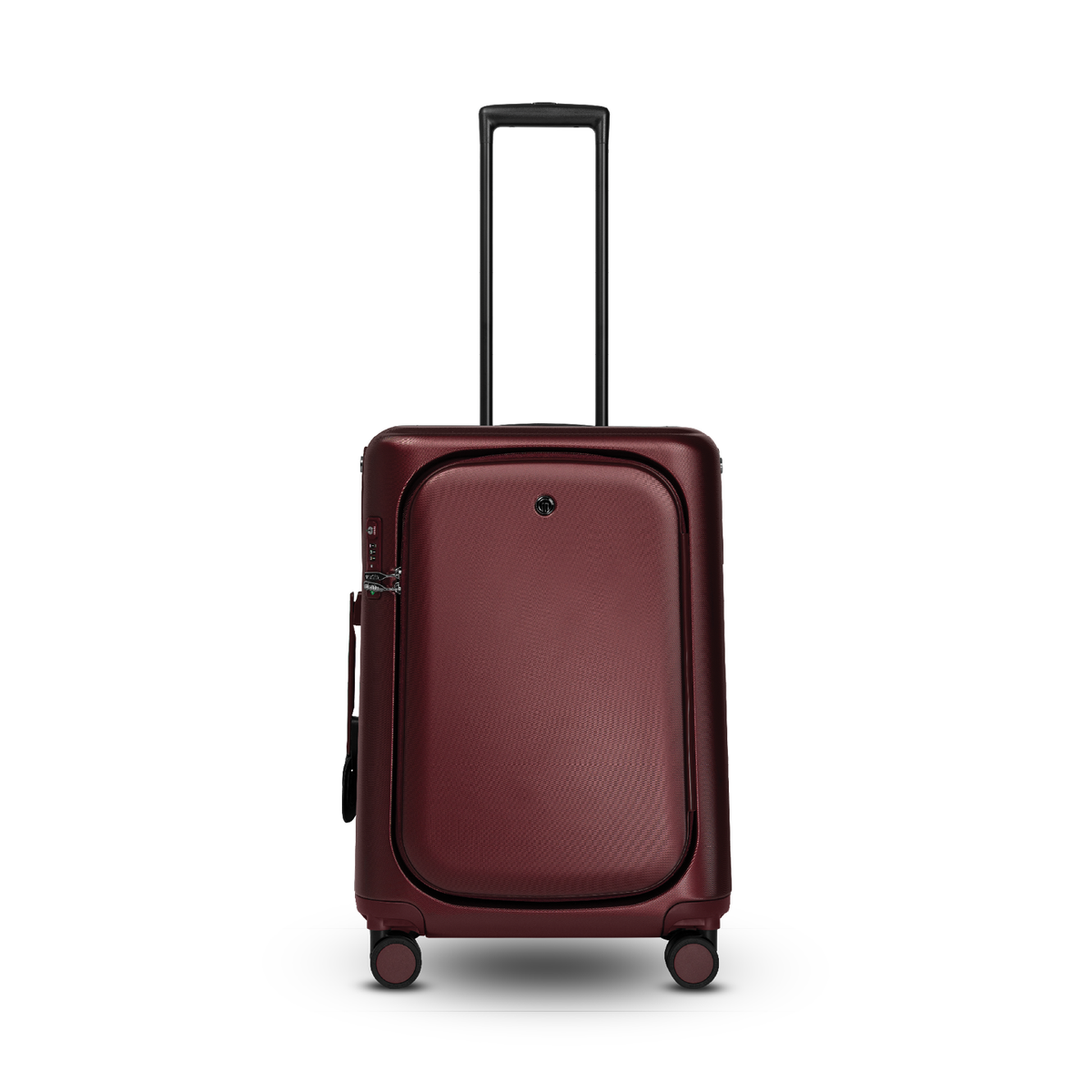 Burgundy red MiaMily Check In Plus suitcase with hard shell exterior, four spinner wheels, and telescopic handle for travel.