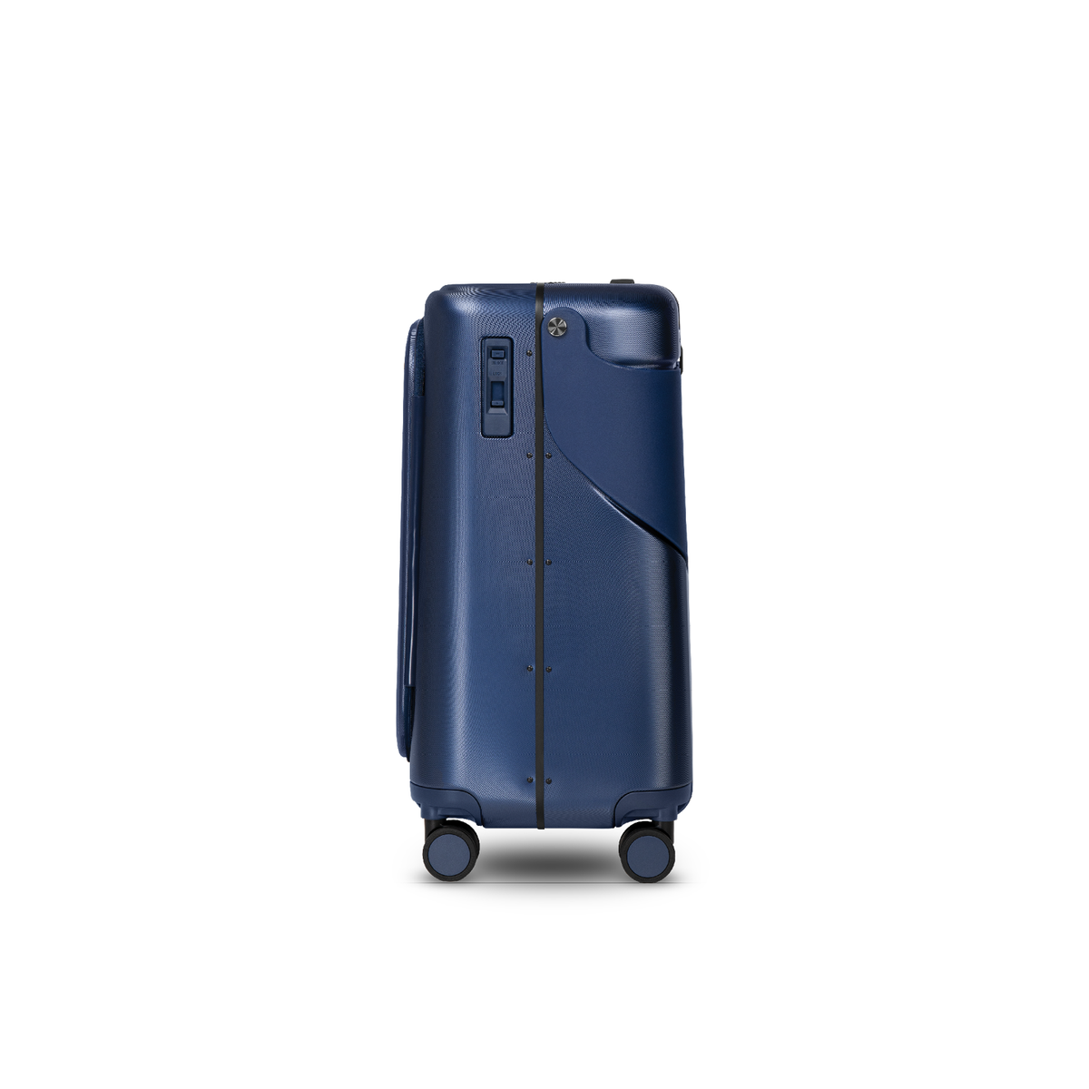 Navy blue MiaMily Check in Plus suitcase with four spinner wheels and extendable handle, durable hard shell for travel.