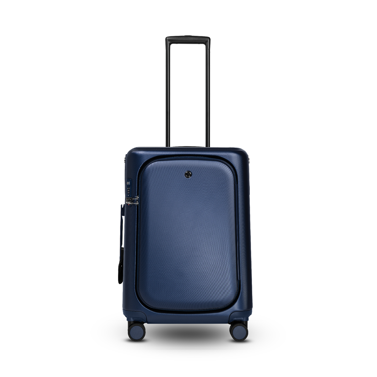 Navy blue MiaMily Check in Plus suitcase with four spinner wheels and retractable handle, designed for durable travel convenience.