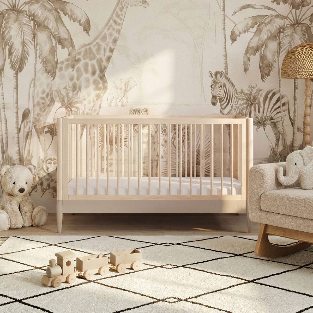 Gaia Baby Eos Cot Bed in natural cashmere finish, showcasing a sturdy wooden toddler bed with smooth edges and modern design.