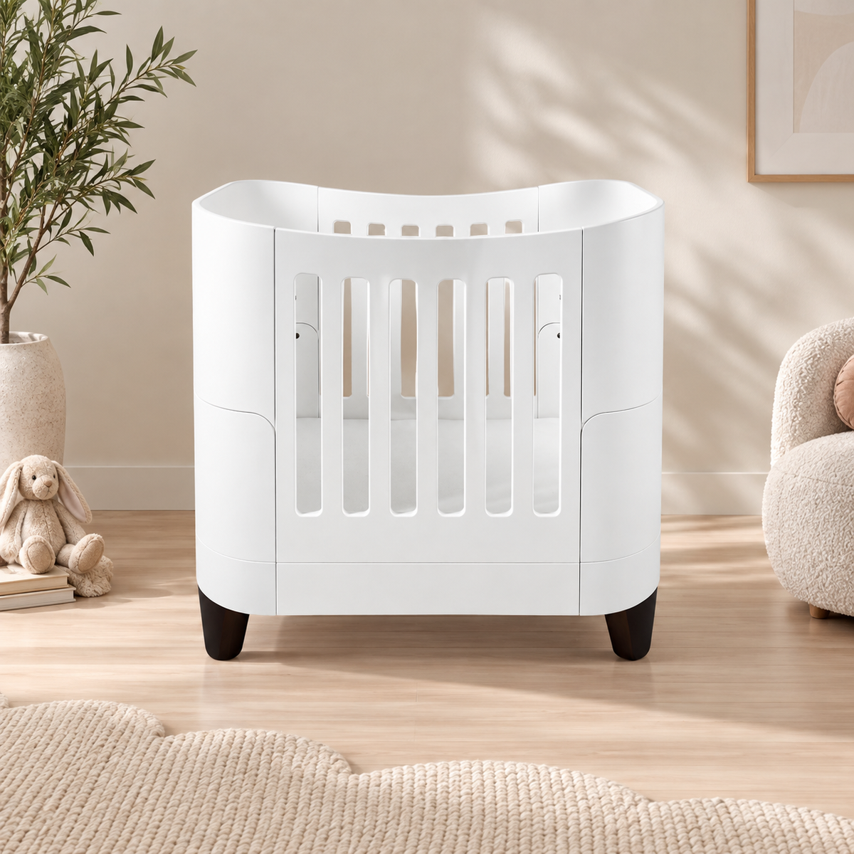 Serena Mini Cot - White | Walnut with included Mattress